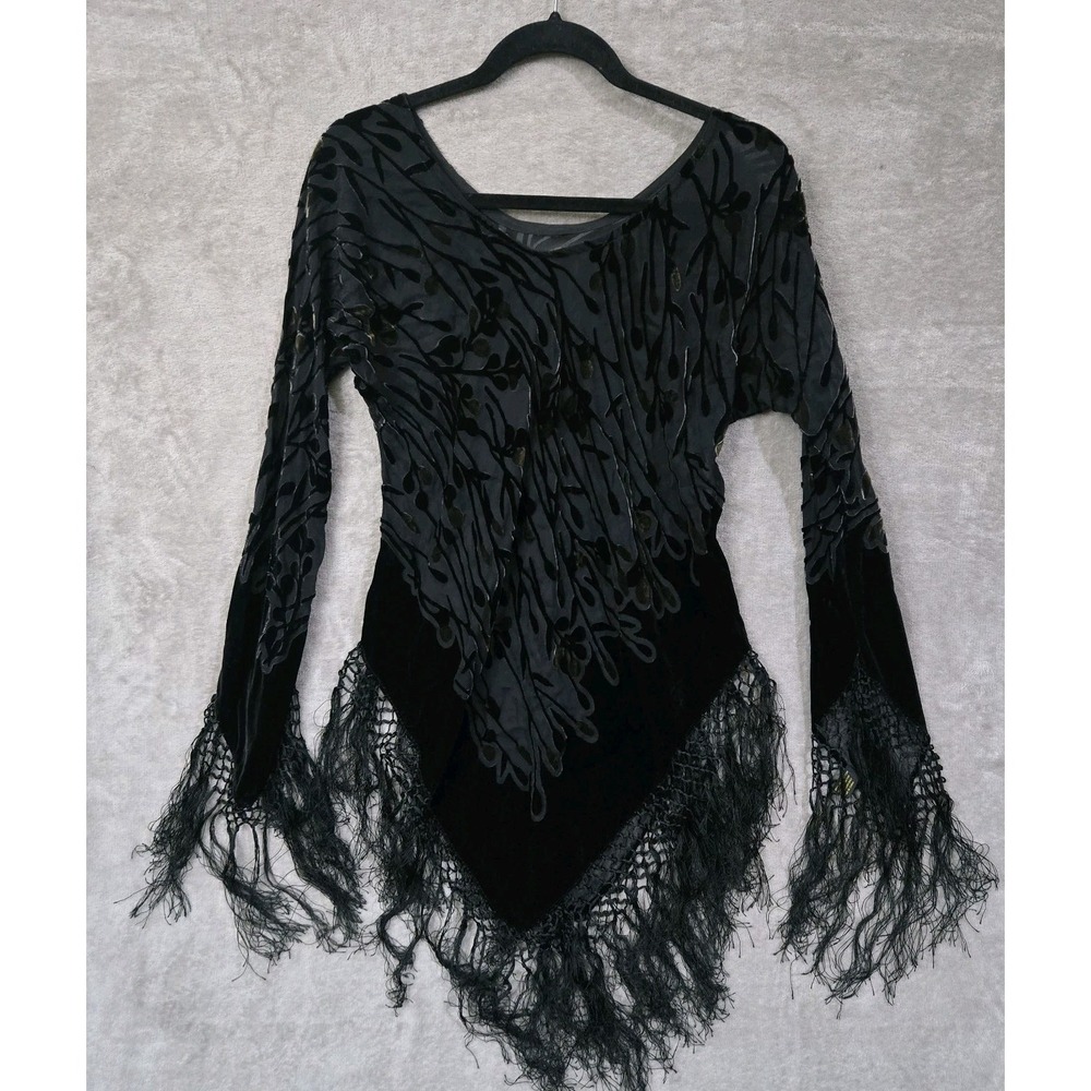 Ethos Velvet Top Black Fringe Asymmetrical Velvet Burnout Gypsy Hippie Goth